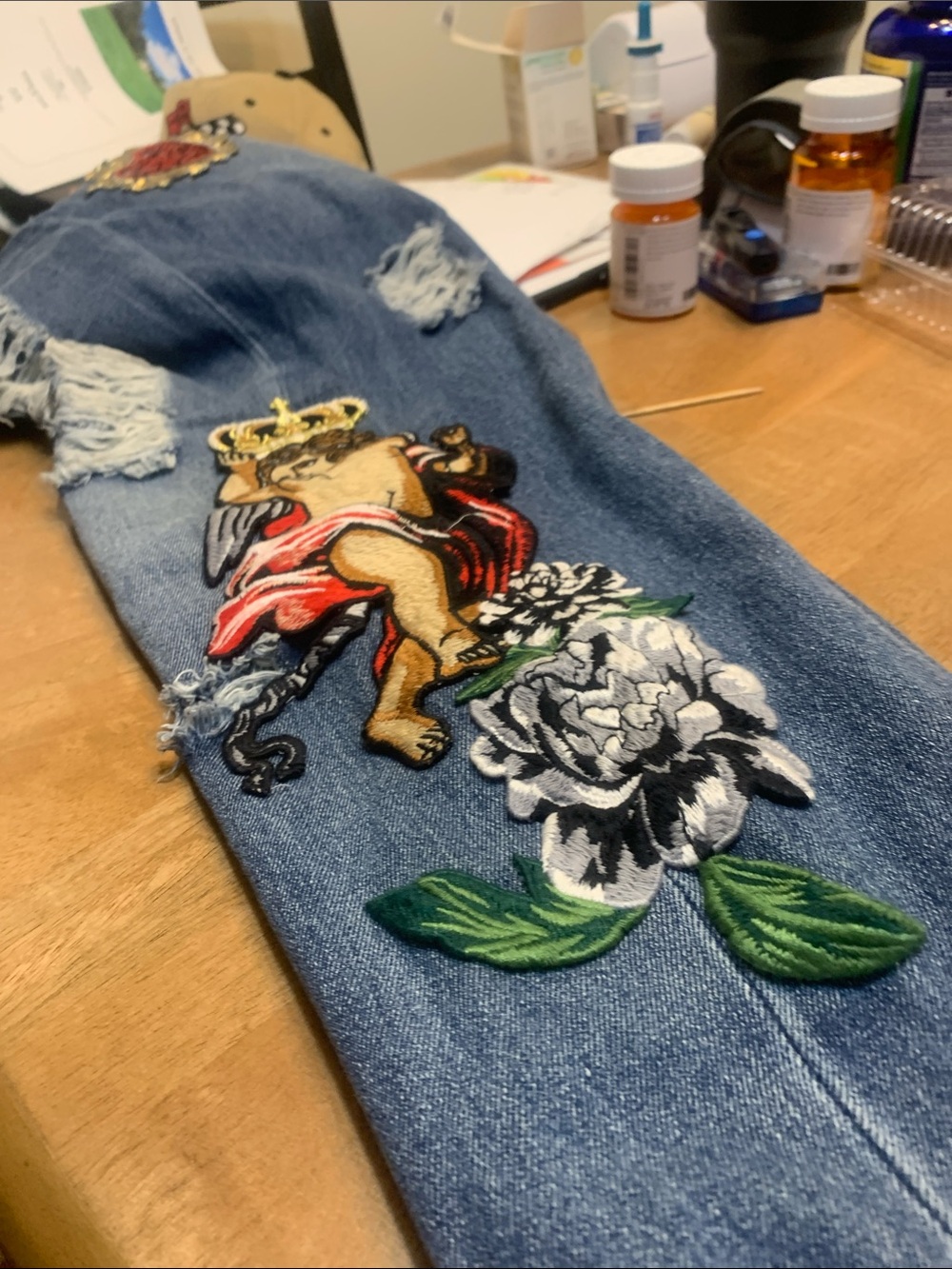 True Religion Blue Distressed Jeans with Red & Gold Heart Appliqués. Tote 4 - Picture 6 of 11